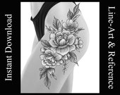 Floral Thigh Tattoo Design: Line Art Stencil (Digital Download)