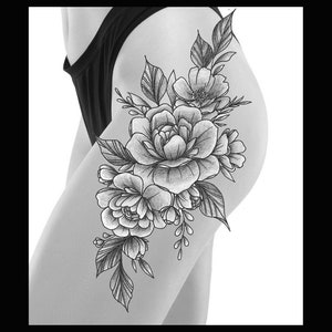 Flowers Hip Thigh Tattoo Design - Line Art and Reference - Black & Grey Tattoo - Tattoos for Women - Tattoo Sleeve - Floral Tattoo - Stencil