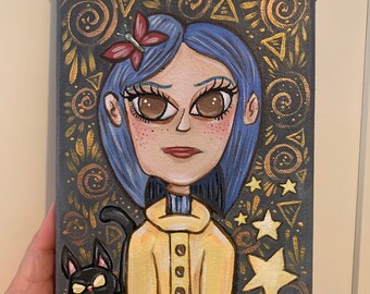 Coraline with black cat acrylic painting