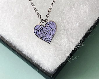 Purple Sparkle Spiderweb Heart | Kawaii Goth Necklace | Halloween Inspired Necklace | Black Widow Web Heart Necklace