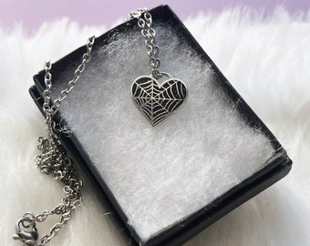 Black Sparkle Spiderweb Heart | Kawaii Goth Necklace | Halloween Inspired Necklace | Black Widow Web Heart Necklace