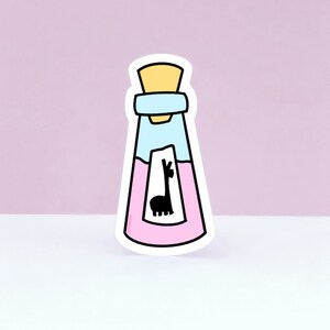 May include: A pink and blue glass bottle with a yellow cork and a black llama illustration on the label. The bottle is a sticker.