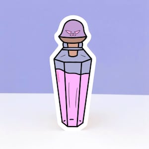 May include: A sticker of a purple potion bottle with a skull-shaped stopper. The bottle is filled with pink liquid and has a geometric design.