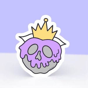 May include: A purple and gray poison apple with a yellow crown on top. The apple is dripping with purple poison.
