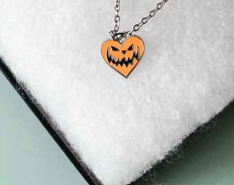 Orange Pumpkin Heart | Kawaii Goth Necklace | Halloween Inspired Necklace | Jackolantern Heart Necklace