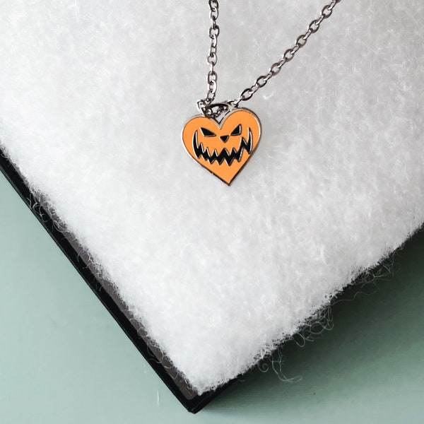 Orange Pumpkin Heart | Kawaii Goth Necklace | Halloween Inspired Necklace | Jackolantern Heart Necklace