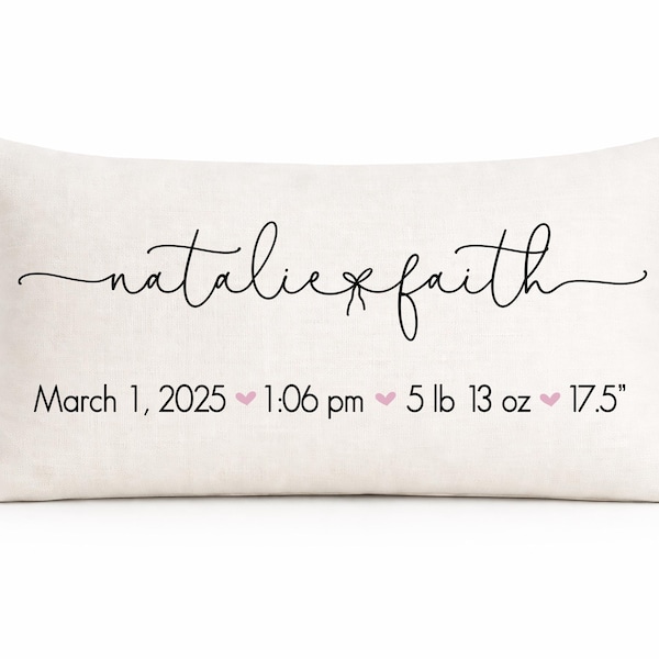 Personalized Baby Pillow – Custom Birth Stats Linen Throw Cushion – Newborn Gift – Nursery Decor