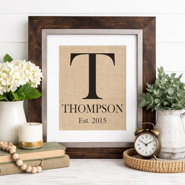 Personalized Burlap Print: Initial Family Name Sign, Farmhouse Wall Art