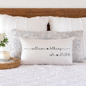 Engagement Gift for Couple – Personalized Throw Pillow with Names, Heart Connecting Design, Custom Date, Romantic Keepsake Cushion