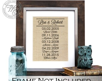 Personalized Burlap Wall Art, Family Name Sign, Burlap Print, Children's Names & Birth Dates