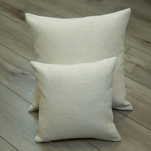 Two beige throw pillows are placed on a wooden floor.