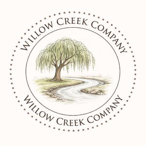 a circular logo with a willow tree and a river, surrounded by a circular border.