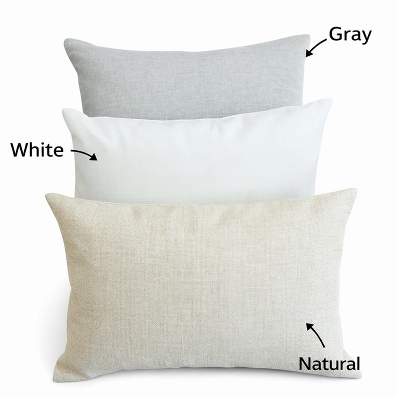 three different pillow covers in various colors and textures, including white, gray, and natural.