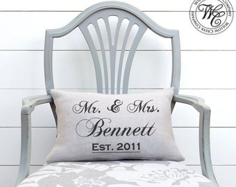 Mr and Mrs bedroom pillow, Mr. and Mrs. pillow, Established Date, Wedding Gift, farmhouse decor, Family Name, Personalized Pillow