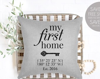 Personalized Linen Pillow Cover: GPS Coordinates, First Home Gift