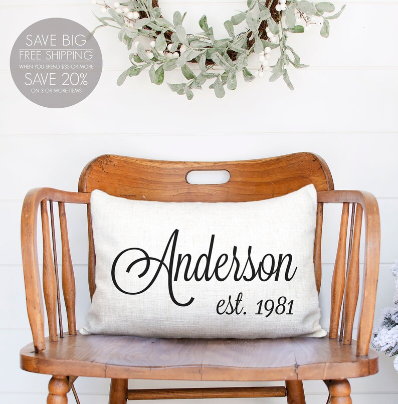 modern farmhouse, Linen pillow, farmhouse decor, family name, 1st anniversary, home decor, personalized pillow, engagement gift, weddings image 1