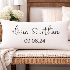 Engagement Throw Pillow: Personalized Names and Date (Natural, Gray, White)