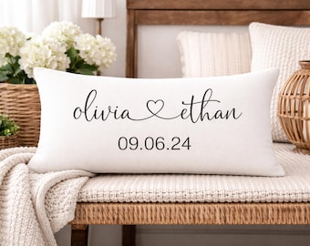 Engagement Throw Pillow: Personalized Names and Date (Natural, Gray, White)