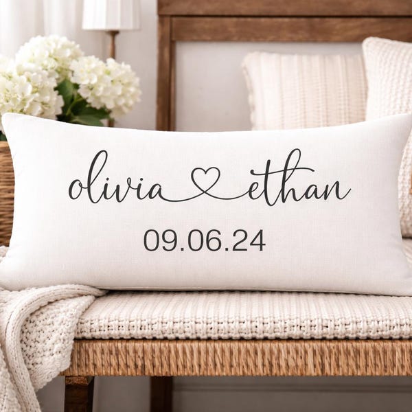 Engagement Throw Pillow: Personalized Names and Date (Natural, Gray, White)