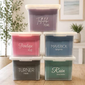 May include: Five rectangular plastic storage bins with white lids stacked in a pyramid. The bins are purple, pink, blue, gray, and green, each featuring white custom text labels with names like Tallulah Pearl, Penelope Rose, Maverick Benjamin, Turner Mark, and Rain Leucadia.