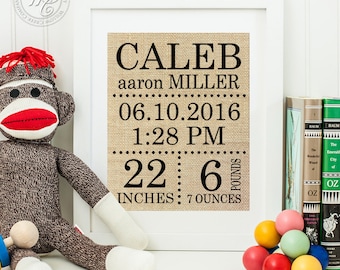 Personalized Birth Stats Burlap Print: Nursery Wall Art