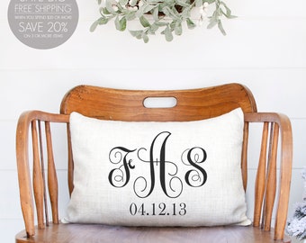 Vine Monogram Pillow, wedding date pillow, personalized pillow, wedding gift, 3 initial monogram, gifts with monogram,  establish pillow