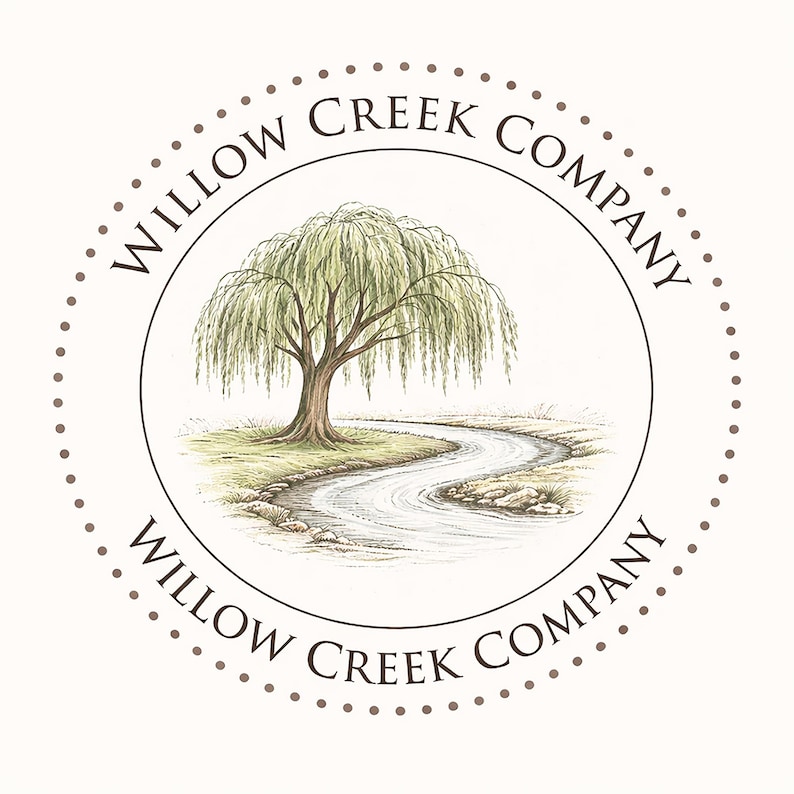 a circular logo with a willow tree and a river, surrounded by a border of dots.
