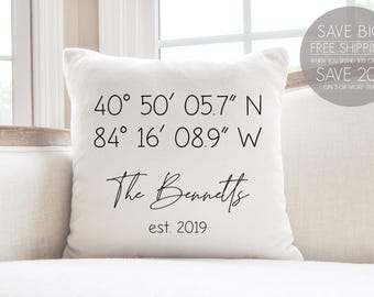 Personalized GPS Coordinates Linen Pillow: New Home Gift
