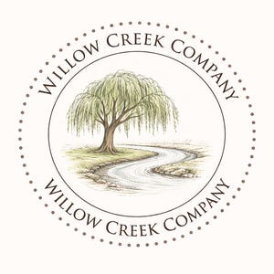 a circular logo with a willow tree and a river, surrounded by a border of dots.