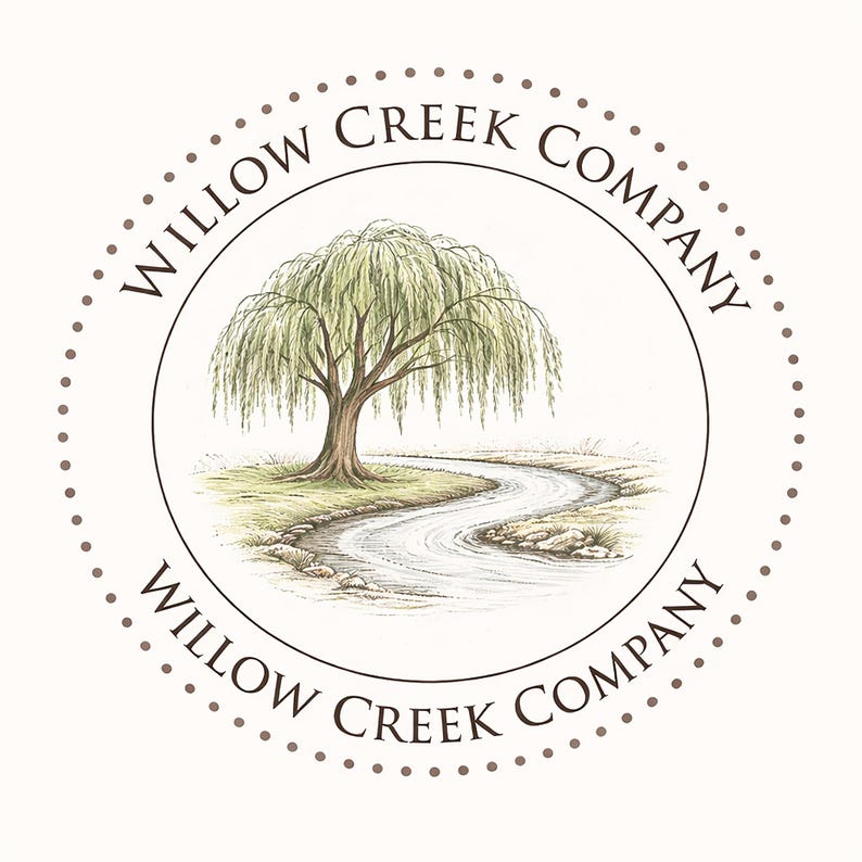 a circular logo with a willow tree and a river, surrounded by a border of dots.