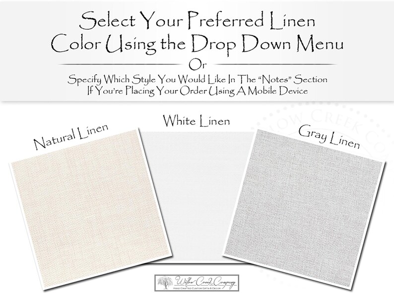three different fabric swatches, each with a different color, and provides instructions on how to choose the preferred linen color using the drop-down menu.