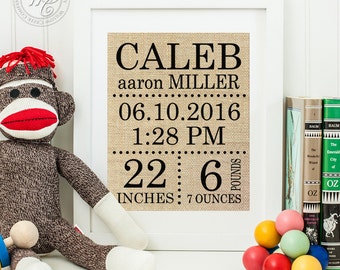 Personalized Burlap Birth Stats Print: Baby Nursery Decor