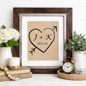 Personalized Burlap Anniversary Print: Carved Heart Initials