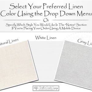 three different fabric swatches, each with a different color: natural linen, white linen, and gray linen. The text above the swatches instructs the viewer to select their preferred linen color using the drop-down menu or to choose a specific style from the "Notes" section if they are placing their order using a mobile device.