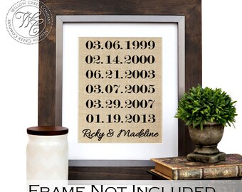 Personalized Important Dates Print, Wedding Gift, Personalized Burlap with Family Name and Established Date, Engagement Gift