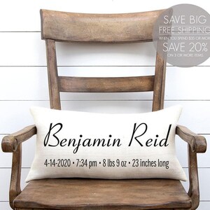 Birth Stats Linen Pillow: Newborn Baby Boy Gift image 2
