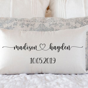 Wedding Gift for Bride & Groom – Personalized Pillow with Couple’s Last Name, Heart Connecting Names, Wedding Date Keepsake Cushion