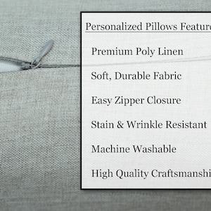 May include: A close-up of a zipper on a gray pillow cover. The text "Personalized Pillows Feature:" is visible in the upper right corner of the image. The text below lists the features of the pillow: Premium Poly Linen, Soft, Durable Fabric, Easy Zipper Closure, Stain & Wrinkle Resistant, Machine Washable, High Quality Craftsmanship.