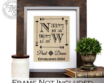 May include: A framed print on burlap fabric with a compass design and the text "Paul Diane Established 2004" and coordinates "N 33 degrees 10' 56" W 96 degrees 45' 59"