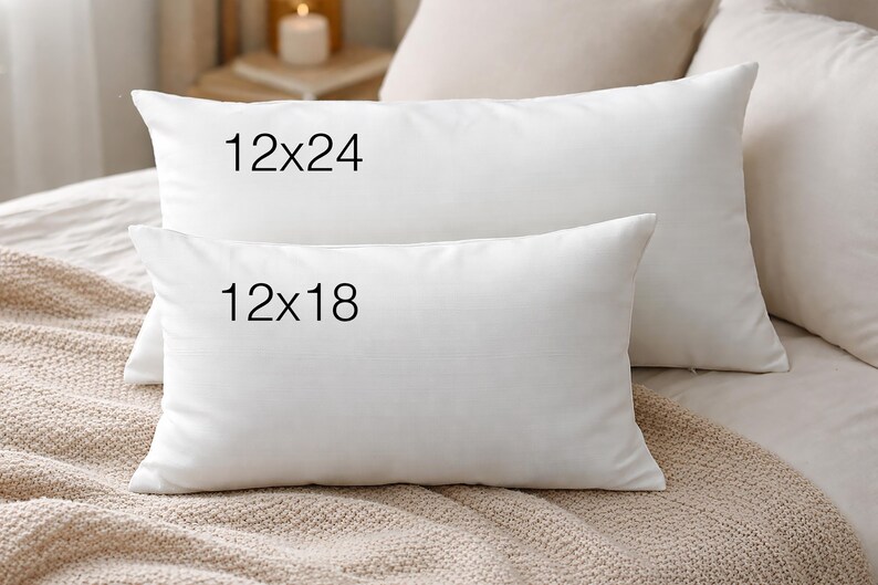 two white pillows on a bed, with the larger pillow labeled "12x24" and the smaller pillow labeled "12x18".
