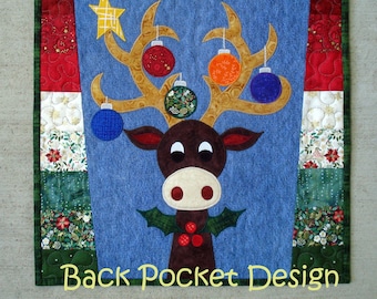 Pattern for Rudy Reindeer Quilted Applique Pillow  on recycled Denim Jeans