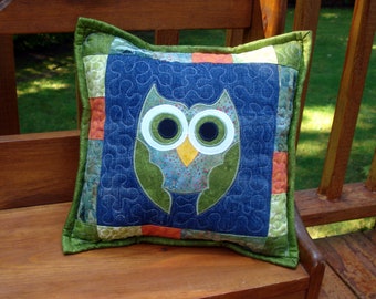 Green Owl Quilted Denim 11" Toss Pillow made with recycled denim jeans