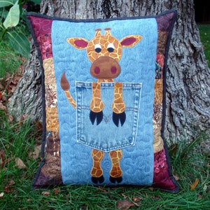 Digital PDF Pattern for Lanky Giraffe Quilted Applique Pocket Pillow made with Upcycled Recycled Denim Jeans