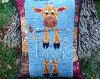 Lanky Giraffe Pocket Pillow PDF Pattern - Upcycled Denim Jeans Applique