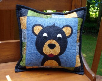 Black Cozy Bear Head Quilted Denim 11" Toss Pillow made with recycled denim jeans
