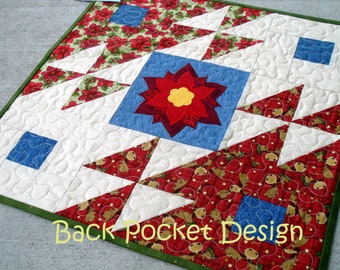 Red Green Poinsettia Recycled Upcycled Denim Quilted Table Topper