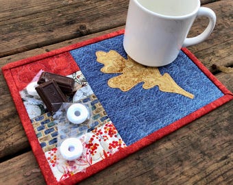 Yellow Gold Oak Leaf Recycled Denim Quilted Mug Rug Placemat