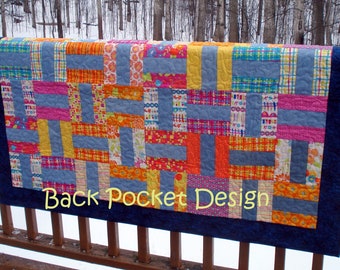 Recycled Denim Rails Baby Quilt: Colorful Cotton Crib Quilt (41x53)