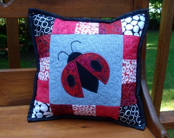 Red Ladybug Quilted Denim 11" Toss Pillow made with recycled denim jeans