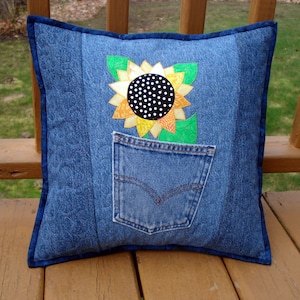 Digital PDF pattern for Sunny Sunflower  Quilted Pillow made with Upcycled Recycled Denim Jeans